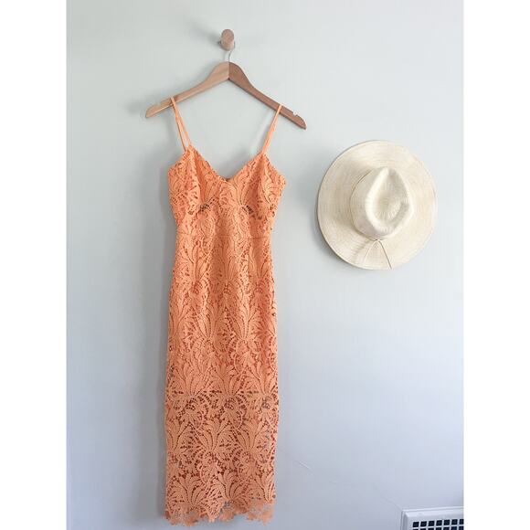 NSR | Lace Cut-Out Peek-a-Boo Midi Dress | Pastel Orange | Sz XS - Picture 1 of 10
